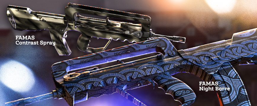 Consumer Grade (White) FAMAS Skins: FAMAS | Night Borre featuring intricate blue and silver Nordic patterns, and FAMAS | Contrast Spray with a minimalistic black and white spray-painted design. Showcase of popular white rarity FAMAS skins displayed against a soft blurred background with subtle lighting effects.