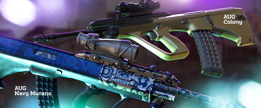 White awp skin csgo​: AUG | Navy Murano featuring a vibrant blue design with abstract nautical patterns, and AUG | Colony with a simple olive-green finish. Showcase of popular white rarity AUG skins displayed against a soft blurred background with glowing light effects.

