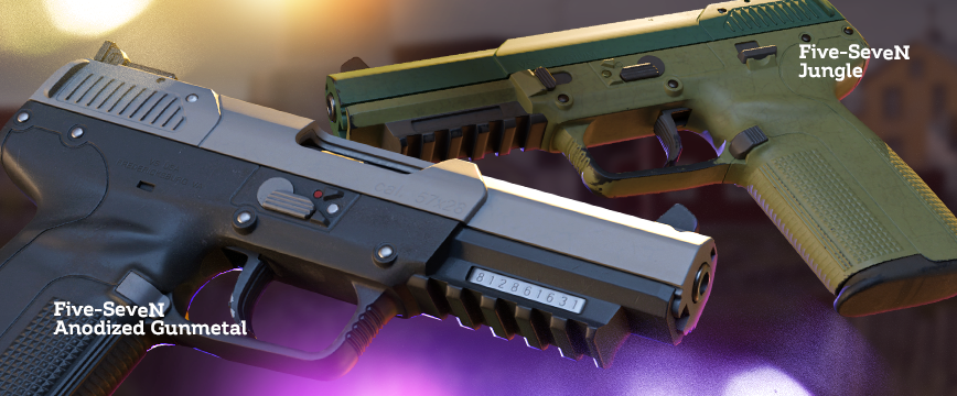 Consumer Grade (White) Five-SeveN Skins: Five-SeveN | Anodized Gunmetal featuring a sleek metallic gunmetal finish, and Five-SeveN | Jungle with a simple matte olive-green design. Showcase of popular white rarity pistol skins displayed against a softly blurred background with glowing purple and golden light effects.