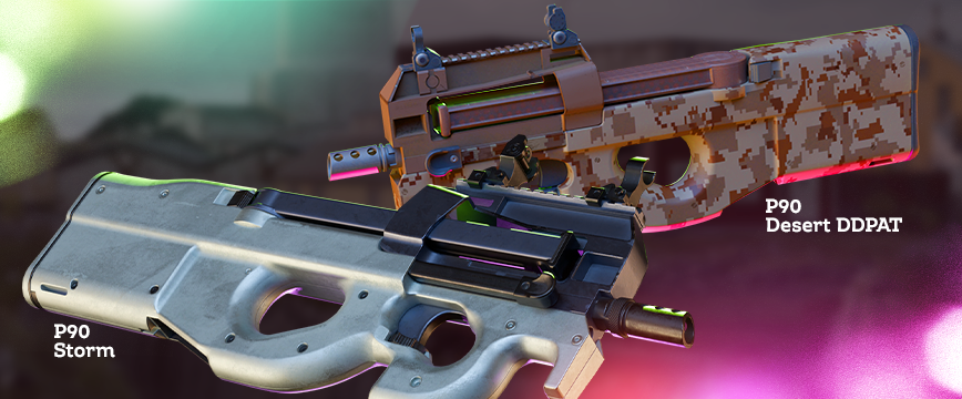 Consumer Grade (White) P90 Skins: P90 | Storm featuring a smooth, light gray finish, and P90 | Desert DDPAT with a beige and brown desert camouflage pattern. Display of popular white rarity skins against a blurred background with glowing green and pink light effects.