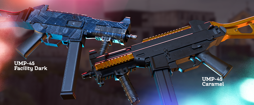 Consumer Grade (White) UMP Skins: UMP-45 | Facility Dark featuring a dark blue industrial design, and UMP-45 | Caramel with a sleek black body and caramel-colored highlights. Display of popular white csgo rarity skins against a blurred background with glowing red and blue light effects.