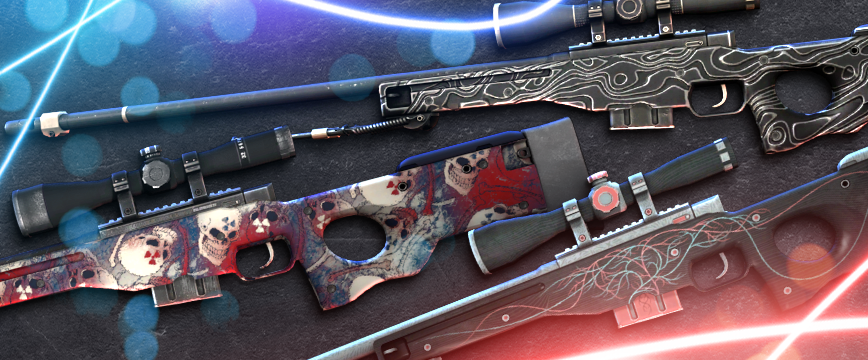 CS2 (CS:GO) Mil-Spec AWP skins: AWP | Capillary with red and blue vein patterns, AWP | Black Nile featuring sleek black and silver wave designs, and AWP | Acheron with skull-themed red and blue artwork. Showcase of popular blue rarity AWP skins against a dynamic dark background with glowing light effects.