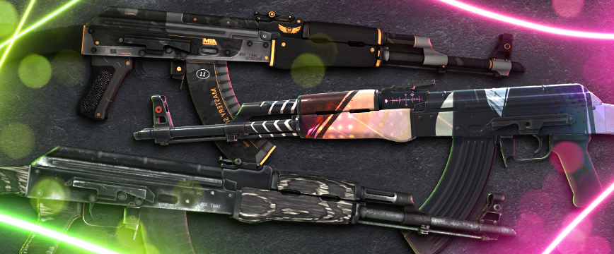 CS2 (CS:GO) Mil-Spec AK-47 skins: AK-47 | Elite Build with a sleek black and gold design, AK-47 | Black Laminate featuring dark wood textures, and AK-47 | Crossfade with a vibrant gradient of pink and blue hues. Showcase of popular blue rarity AK-47 skins displayed against a dark background with glowing green and pink light effects.