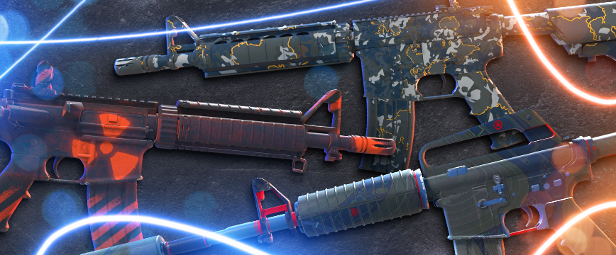 CS2 (CS:GO) Mil-Spec M4A4 and M4A1-S skins: M4A4 | Global Offensive with a digital camouflage design, M4A4 | Radiation Hazard featuring bold orange and black hazard patterns, and M4A1-S | Briefing with a military-themed green and blue design. Showcase of popular blue rarity M4 skins displayed against a dark background with glowing blue and orange light effects.