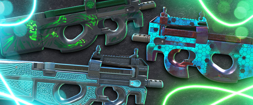 Mil-Spec (Blue) P90 Skins: P90 | Grim featuring a dark design with vibrant green skull accents, P90 | Module with a futuristic blue hexagonal pattern, and P90 | Traction showcasing intricate blue and silver engraving. Showcase of popular blue rarity P90 skins displayed against a dark background with glowing green and blue light effects.