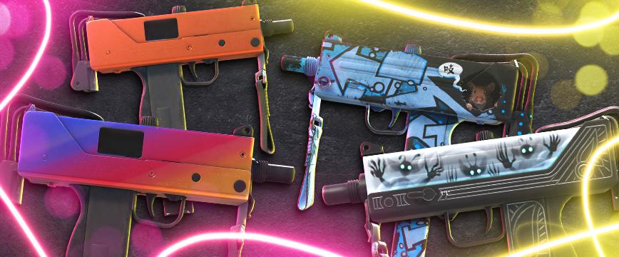 Mil-Spec (Blue) MAC-10 Skins: MAC-10 | Ensnared with dark and glowing hand patterns, MAC-10 | Pipsqueak featuring a playful blue and cartoonish design, MAC-10 | Fade showcasing a vibrant gradient of pink, purple, and yellow, and MAC-10 | Amber Fade with a sleek amber-toned gradient. Display of popular blue rarity MAC-10 skins against a dark background with glowing pink and yellow light effects.