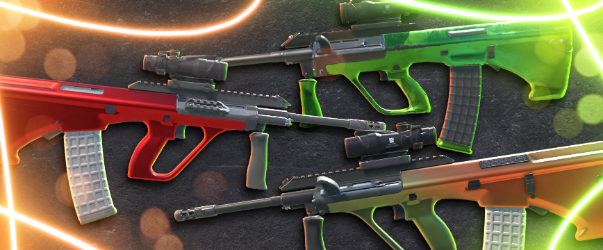 Mil-Spec (Blue) AUG Skins: AUG | Amber Fade with a smooth amber gradient, AUG | Hot Rod featuring a bold metallic red finish, and AUG | Carved Jade with a vibrant green and intricate pattern. Showcase of popular blue rarity AUG skins displayed against a dark background with glowing orange and green light effects.