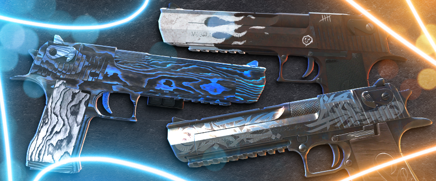 Mil-Spec (Blue) Pistol Skins: Desert Eagle | Blue Ply with a striking blue and black layered woodgrain pattern, Desert Eagle | Oxide Blaze featuring a worn industrial look with fiery accents, and Desert Eagle | Calligraffiti showcasing intricate calligraphy-style designs in black and silver. Showcase of popular Desert Eagle skins displayed against a dark background with glowing blue and orange light effects.