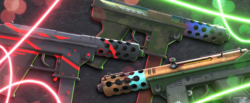 Mil-Spec (Blue) Tec-9 Skins: CS2 (CS:GO) Mil-Spec Tec-9 skins: Tec-9 | Flash Out with a bold red and black design, Tec-9 | Fubar featuring a rugged camo pattern with worn accents, and Tec-9 | Isaac showcasing a sleek gray and red futuristic design. Showcase of popular blue rarity Tec-9 skins displayed against a dark background with glowing red and green light effects.