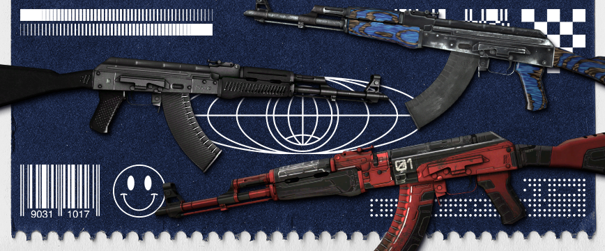 Image of CS2 (CS:GO) Restricted AK-47 skins: AK-47 | Slate with a sleek black design, AK-47 | Orbit Mk01 featuring futuristic red accents, and AK-47 | Blue Laminate with a distinctive blue woodgrain pattern. These purple rarity CS:GO skins highlight unique visual styles and are popular among CS2 players.