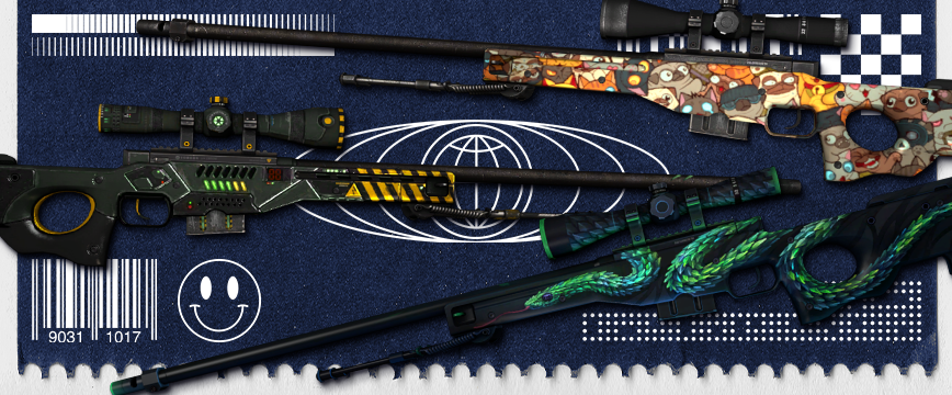 Image showcasing csgo Restricted AWP skins : AWP | Atheris featuring a vibrant green snake design, AWP | PAW with a playful paw-print pattern, and AWP | Phobos with a futuristic black and yellow aesthetic. These purple rarity skins are known for their unique visuals and appeal among CS2 players.