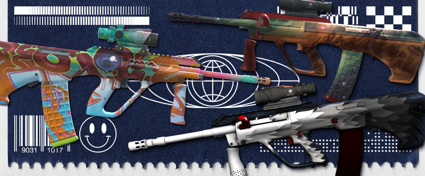 Image featuring Restricted (Purple) AUG skins from CS2: AUG | Arctic Wolf with a striking white and grey wolf design, AUG | Eye of Zatems showcasing a vibrant and colorful abstract pattern, and AUG | Sand Storm with a warm beige and desert-inspired theme. These skins emphasize bold and creative artwork.