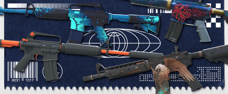 Image showcasing Restricted (Purple) M4A4 and M4A1-S skins from CS2: M4A4 | Spider Lily with a vibrant floral red design, M4A4 | Griffin featuring a brown and teal mythical griffin illustration, M4A1-S | Icarus Fell showcasing a sleek blue and black gradient, and M4A1-S | Nitro with a clean black and orange finish. These skins highlight intricate artwork and bold color schemes.