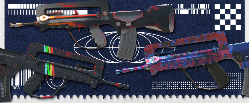 Image showcasing Restricted (Purple) FAMAS skins from CS2: FAMAS | ZX Spectron featuring a futuristic black and red design, FAMAS | Prime Conspiracy with a vibrant blue and pink digital pattern, and FAMAS | Valence showcasing a sleek black design with green and red accents. These skins emphasize modern and bold visuals.