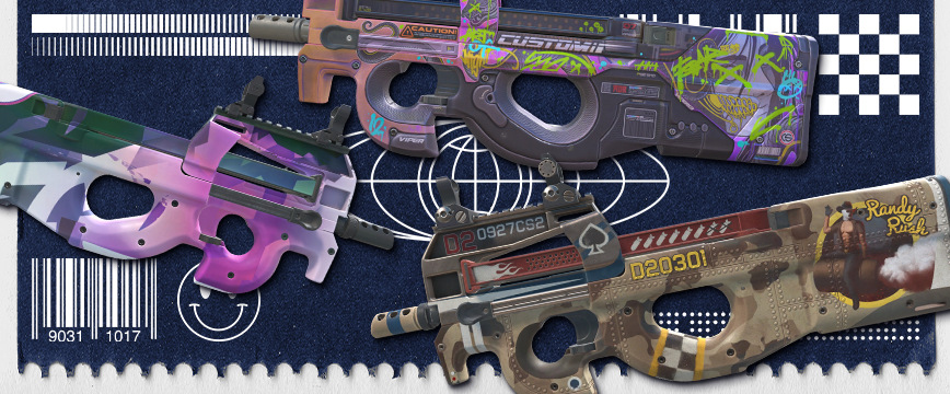 Image showcasing Restricted (Purple) P90 skins from CS2: P90 | Randy Rush featuring a rugged desert-themed design with unique detailing, P90 | Neoqueen with a bright pink and purple futuristic aesthetic, and P90 | Attack Vector showcasing a graffiti-inspired design with vibrant colors. These skins highlight bold and creative artwork.