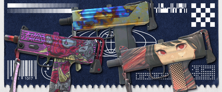 Image showcasing Restricted (Purple) MAC-10 skins from CS2: MAC-10 | Sakkaku featuring a striking anime-inspired design, MAC-10 | Saibā Oni with vibrant red and cyberpunk-themed artwork, and MAC-10 | Case Hardened showcasing a unique metallic blue and gold pattern. These skins emphasize diverse and eye-catching styles.