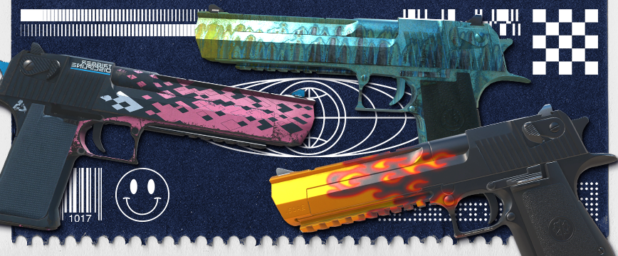 Image showcasing Restricted (Purple) Desert Eagle skins from CS2: Desert Eagle | Blaze featuring a fiery orange and yellow flame design, Desert Eagle | Hand Cannon with a vibrant metallic blue finish, and Desert Eagle | Trigger Discipline showcasing a bold pink and black pixelated pattern. These skins highlight striking and dynamic aesthetics.