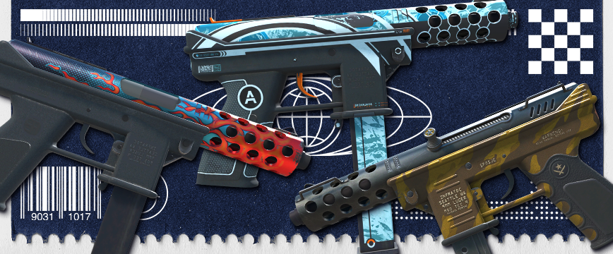 Image showcasing Restricted (Purple) Tec-9 skins from CS2: Tec-9 | Avalanche featuring a sleek white and blue frosted design, Tec-9 | Re-Entry with a bold red and black flame pattern, and Tec-9 | Brother showcasing a rugged camouflage-style aesthetic. These skins highlight diverse and striking visual designs.