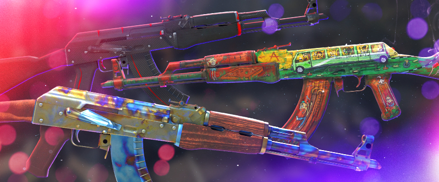 CS2 (CS:GO) Classified AK-47 skins: AK-47 | Case Hardened with a vibrant blue and gold patina effect, AK-47 | Redline featuring a sleek black and red carbon fiber design, and AK-47 | The Outsiders with a colorful and intricate graffiti-style theme. Showcase of popular cs:go pink rarity  skins displayed against a blurred dark background with glowing red and purple light effects.