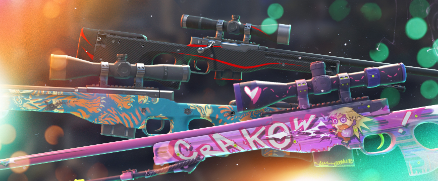 CS2 (CS:GO) Classified AWP skins: AWP | Crakow! featuring a vibrant purple graffiti design with playful cartoon elements, AWP | Silk Tiger with a sleek blue and orange tiger pattern, and AWP | Redline showcasing a black carbon fiber finish with red accents. Display of popular cs:go pink rarity skins against a blurred background with glowing orange and green light effects.