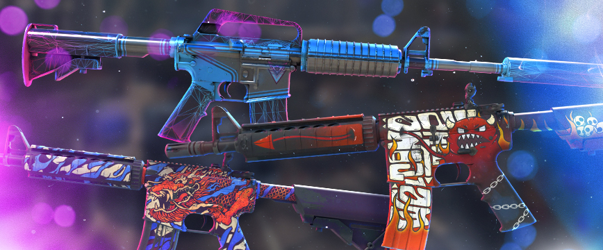 CS2 (CS:GO) Classified M4A4 and M4A1-S skins: M4A4 | Hellfire featuring a fiery demonic graffiti design, M4A4 | 龍王 (Dragon King) with a vibrant dragon and blue flame motif, and M4A1-S | Decimator showcasing a futuristic blue and purple neon pattern. Display of popular pink rarity M4 skins against a blurred background with glowing blue and pink light effects.