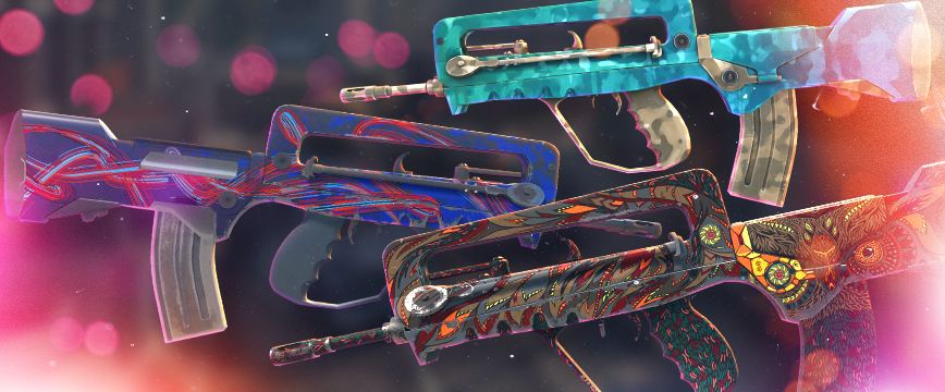 CS2 (CS:GO) Classified FAMAS skins: FAMAS | Eye of Athena featuring a detailed and vibrant owl-inspired design, FAMAS | Afterimage with bold red and blue streaks on a dark background, and FAMAS | Waters of Nephthys showcasing a shimmering turquoise water-like pattern. Display of popular pink rarity FAMAS skins against a blurred background with glowing red and orange light effects.