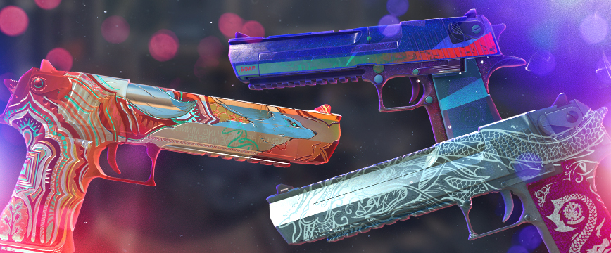 CS2 (CS:GO) Classified Desert Eagle skins: Desert Eagle | Fennec Fox featuring a vibrant orange and blue design with intricate animal-themed artwork, Desert Eagle | Starcade with a futuristic blue and red arcade-inspired pattern, and Desert Eagle | Kumicho Dragon showcasing a detailed silver dragon engraving on a red background. Display of popular pink rarity Desert Eagle skins against a blurred background with glowing red and blue light effects.