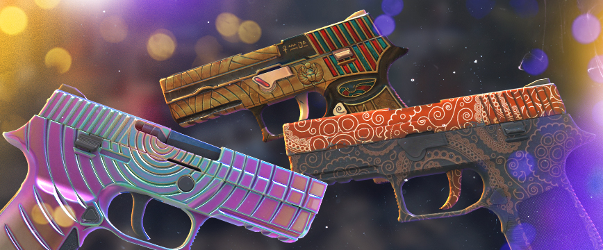 CS2 (CS:GO) Classified P250 skins: P250 | Apep's Curse featuring a vibrant design with intricate green and orange patterns, P250 | Mehndi showcasing detailed brown and red henna-style artwork, and P250 | Epicenter with a futuristic purple and blue circular grid pattern. Display of popular pink rarity P250 skins against a blurred background with glowing yellow and blue light effects.