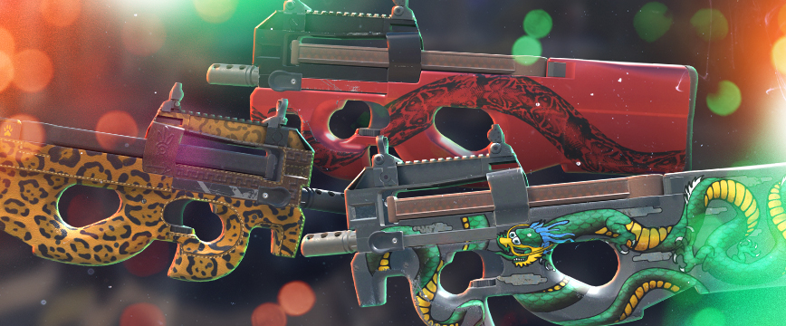 CS2 (CS:GO) Classified P90 skins: P90 | Cold Blooded featuring a striking red design with a detailed snake motif, P90 | Run and Hide showcasing a bold yellow and black leopard print pattern, and P90 | Emerald Dragon with intricate green and yellow dragon artwork on a dark background. Display of popular pink rarity P90 skins against a blurred background with glowing green and orange light effects.