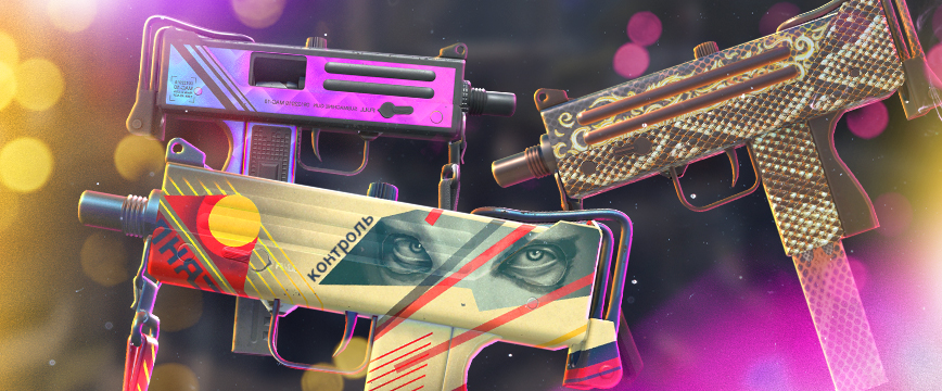 CS2 (CS:GO) Classified MAC-10 skins: MAC-10 | Hot Snakes featuring a golden and brown snake-scale pattern, MAC-10 | Propaganda with bold red and yellow Soviet-inspired artwork, and MAC-10 | Disco Tech showcasing a vibrant purple and holographic design. Display of popular pink rarity MAC-10 skins against a blurred background with glowing yellow and pink light effects.