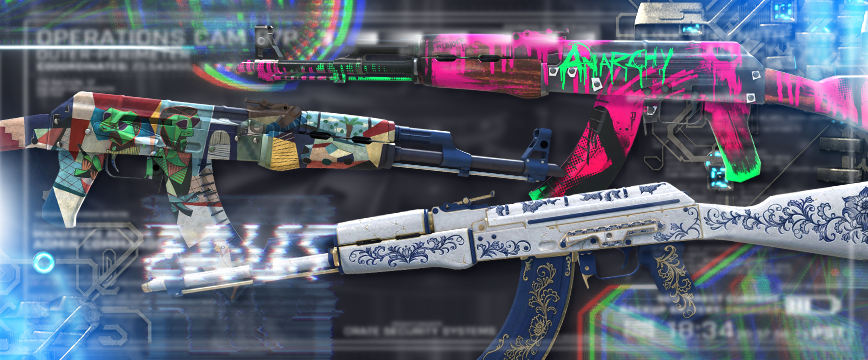 Image showcasing Covert (Red) AK-47 skins in CS:GO: AK-47 | Inheritance featuring an elegant white and blue ornamental design, AK-47 | Neon Revolution with a bold neon pink and green anarchist graffiti style, and AK-47 | Leet Museo showcasing a vibrant patchwork of abstract and geometric artwork. These Red rarity skins CS:GO are highly sought after for their unique aesthetics and detailed designs.