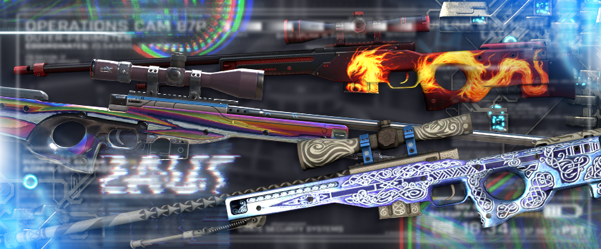 Image showcasing Covert (Red) AWP skins in CS:GO: AWP | Chrome Cannon featuring a sleek iridescent finish with metallic accents, AWP | Wildfire with a striking red and orange flame design, and AWP | Gungnir showcasing an intricate Norse-inspired blue and silver pattern. These csgo covert awp skins​ are among the most visually impressive and highly sought-after sniper rifle skins in the game