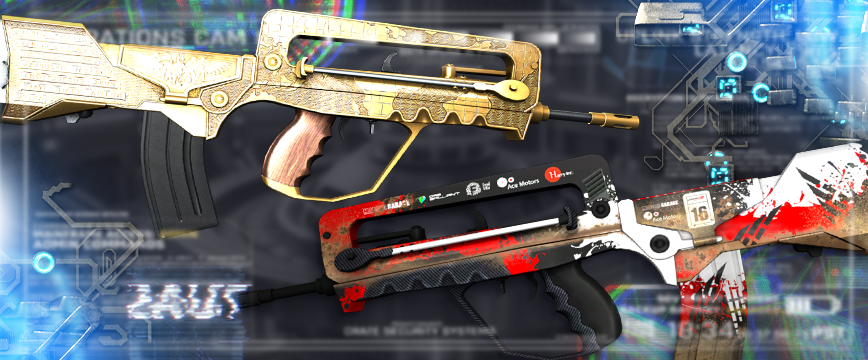 Image showcasing Covert (Red) FAMAS skins in CS:GO: FAMAS | Roll Cage featuring a rugged red, white, and black design with a race-inspired aesthetic, and FAMAS | Commemoration with an elegant gold-plated finish and intricate engravings. These Red rarity skins stand out for their detailed craftsmanship and unique visual appeal