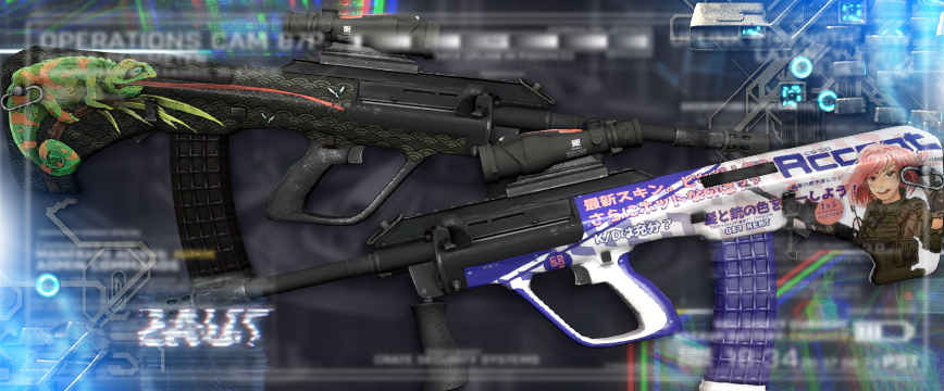 Image showcasing Covert AUG skins in CS:GO: AUG | Akihabara Accept featuring an anime-inspired design with Japanese text and a vibrant color scheme, and AUG | Chameleon with a dark green reptilian pattern and a detailed chameleon illustration. These Red rarity skins CS2 are highly sought after for their unique artwork and bold aesthetics.