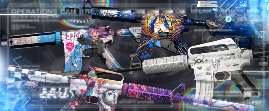 Image showcasing Covert (Red) M4A4 and M4A1-S skins in CS2: M4A4 | Temukau featuring an anime-style design with vibrant artwork, M4A4 | The Emperor showcasing a royal blue and gold tarot-inspired theme, M4A1-S | Printstream with a sleek black-and-white futuristic look, and M4A1-S | Vaporwave featuring a neon-infused, cyberpunk aesthetic. These csgo cheap covert skins​ are highly valued for their intricate designs and unique themes.