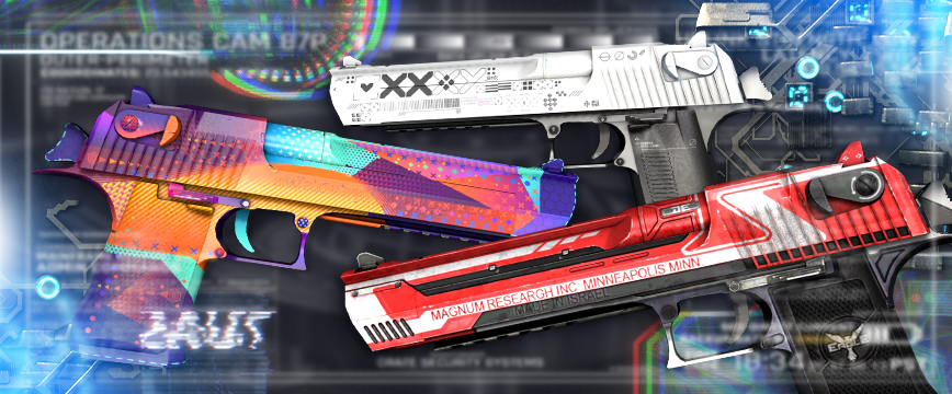 Image showcasing Covert (Red) Desert Eagle skins in CS:GO: Desert Eagle | Printstream featuring a sleek black-and-white futuristic design, Desert Eagle | Ocean Drive with a vibrant multicolored neon aesthetic, and Desert Eagle | Code Red showcasing a bold red and white racing-inspired theme.