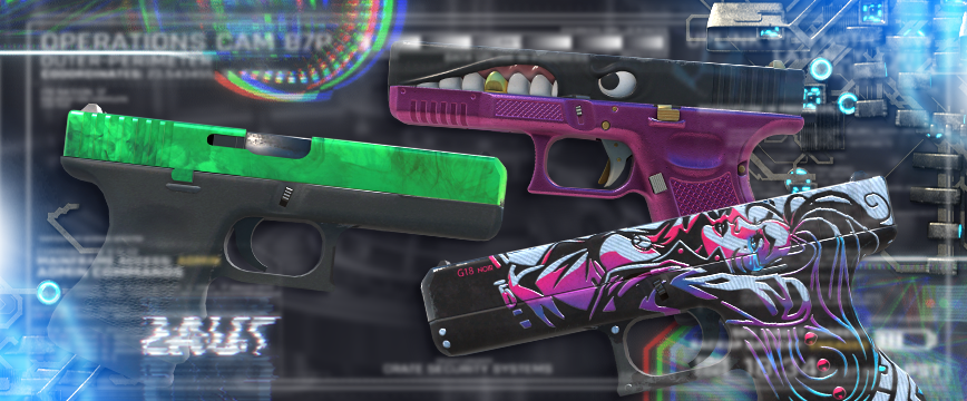 Image showcasing Covert (Red) Glock-18 skins in CS:GO: Glock-18 | Gold Toof featuring a bold purple and black design with a shark-tooth motif, Glock-18 | Gamma Doppler with a sleek green pearlescent finish, and Glock-18 | Neo-Noir showcasing a striking black-and-pink comic book-inspired aesthetic.