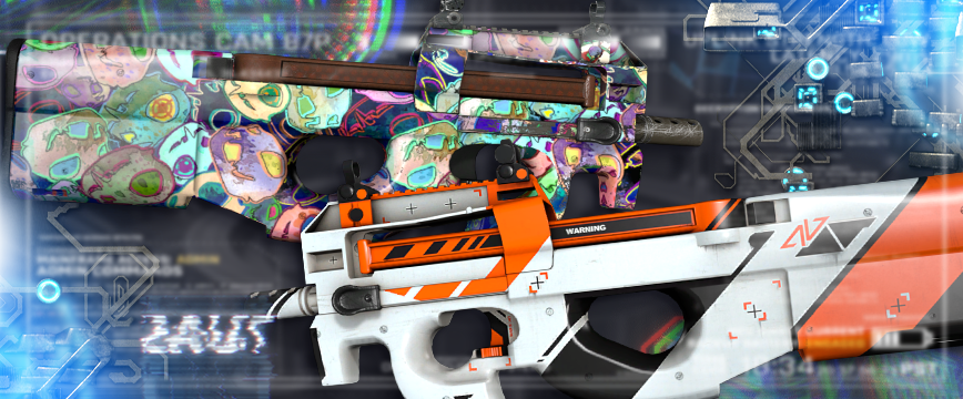 Image showcasing Covert (Red) P90 skins in CS:GO: P90 | Death by Kitty featuring a colorful, graffiti-style design with vibrant cat illustrations, and P90 | Asiimov showcasing a futuristic white, orange, and black sci-fi-inspired aesthetic.