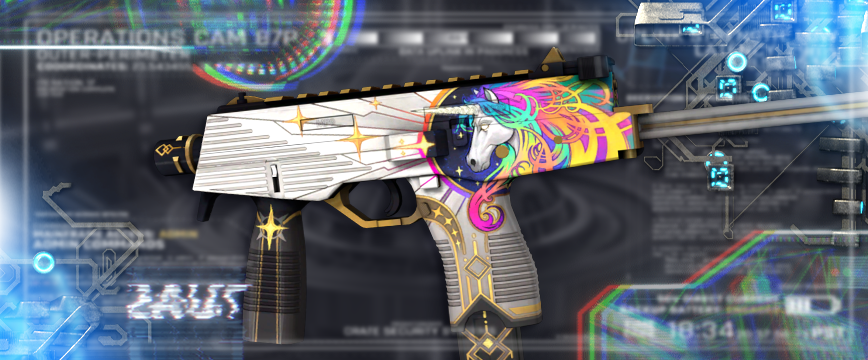 Image showcasing Covert (Red) MP9 skin in CS:GO: MP9 | Starlight Protector featuring a celestial-inspired design with a vibrant white, gold, and multicolor scheme, adorned with a majestic unicorn illustration. 