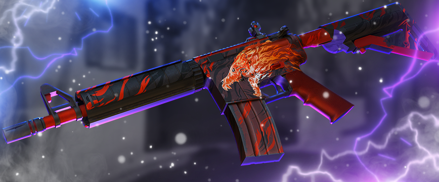 CS2 (CS:GO) Contraband skin featuring a fiery orange wolf design on a sleek black and red weapon, surrounded by an electrifying background with purple lightning effects. Display of a rare cs:go orange skin in a high-detail showcase.